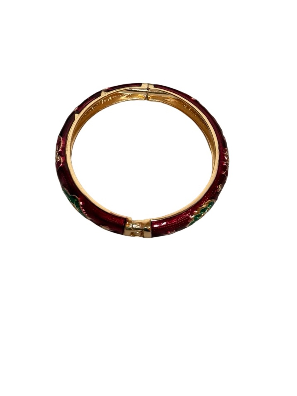 Jiu Long Xing Bengal Red Cloisonne Enamel Lotus Floral Hinged Bangle Bracelet - Picture 5 of 8